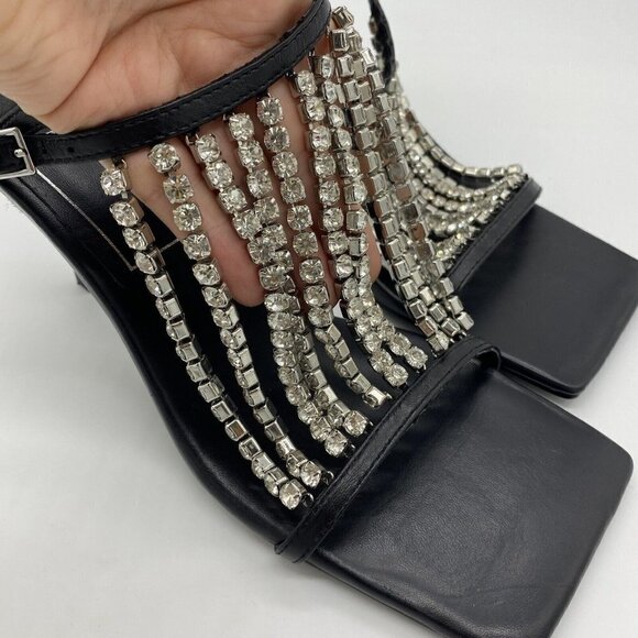 Zara 2020 Cruise Sandals 39 Sparkly Rhinestone Black Leather Square Toe Heels - Picture 4 of 16